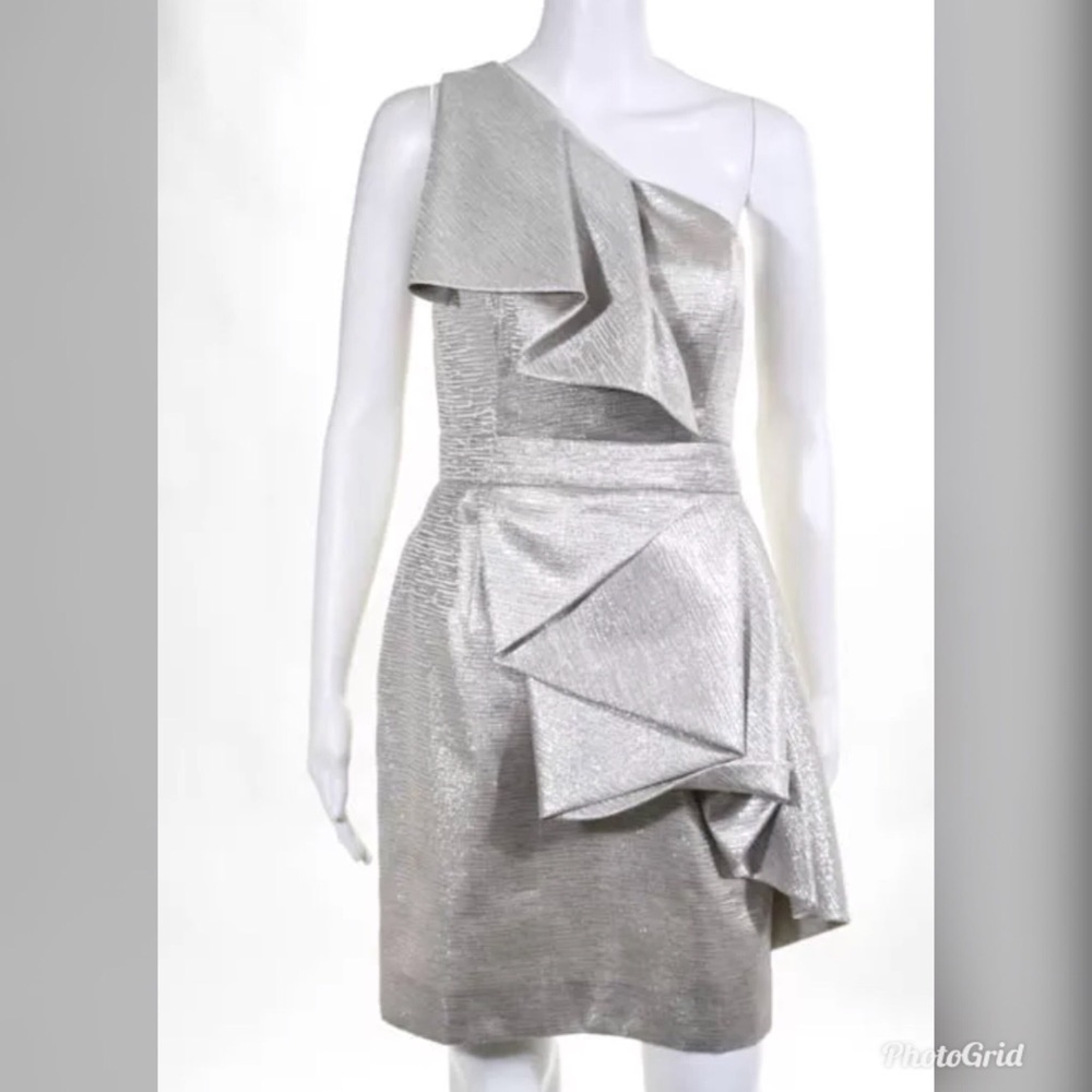 Shoshanna silver one shoulder ruffle dress